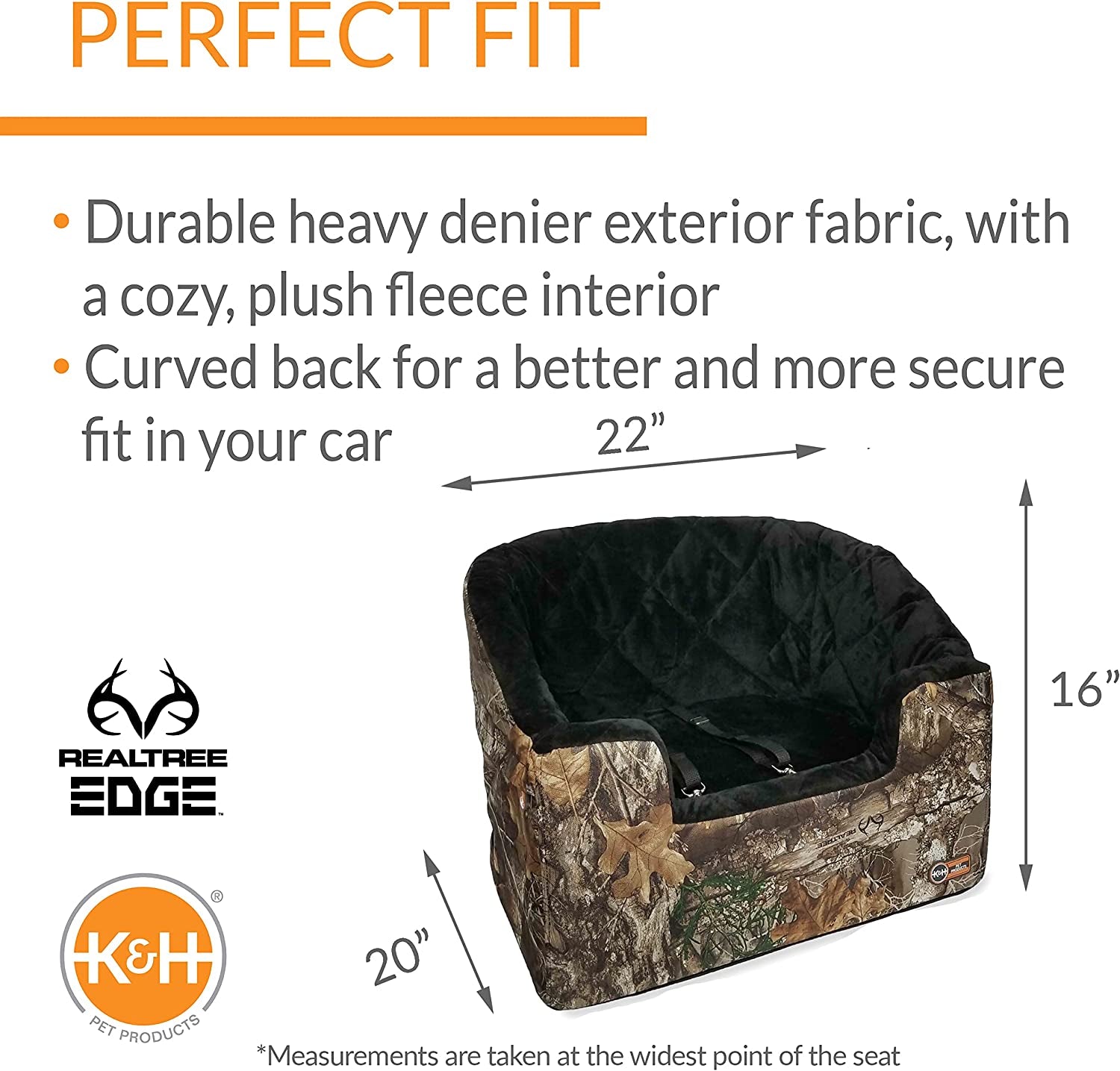 Original Bucket Booster Dog Car Seat, Belt Secured, 2 Safety Leashes, Washable Covers, Sturdy Booster for Small to Medium Pets - Large Realtree Edge Camo