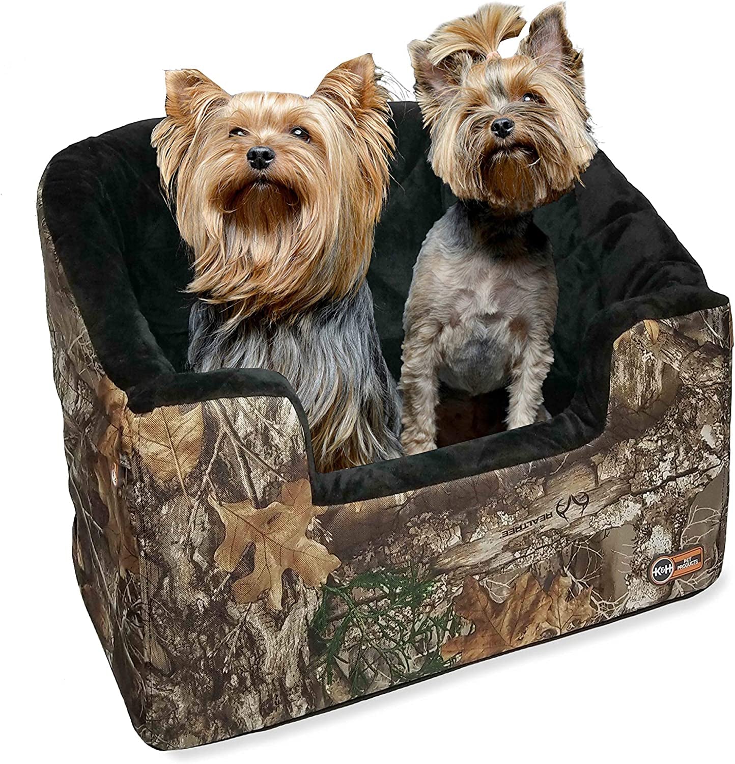 Original Bucket Booster Dog Car Seat, Belt Secured, 2 Safety Leashes, Washable Covers, Sturdy Booster for Small to Medium Pets - Large Realtree Edge Camo