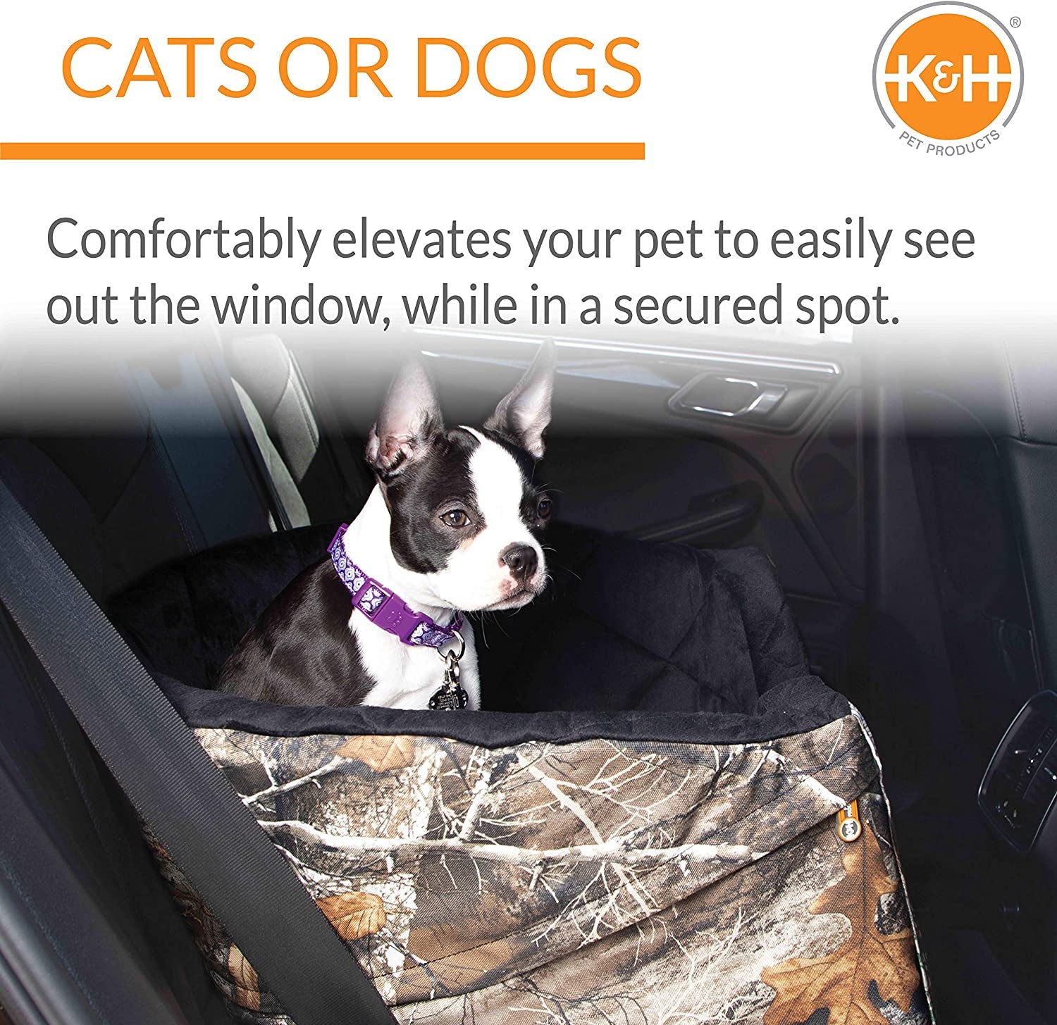 Original Bucket Booster Dog Car Seat, Belt Secured, 2 Safety Leashes, Washable Covers, Sturdy Booster for Small to Medium Pets - Large Realtree Edge Camo